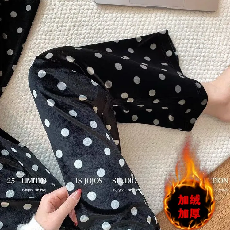 2025秋冬波点加绒加厚阔腿裤女高腰显瘦时尚百搭垂感金丝绒直筒裤