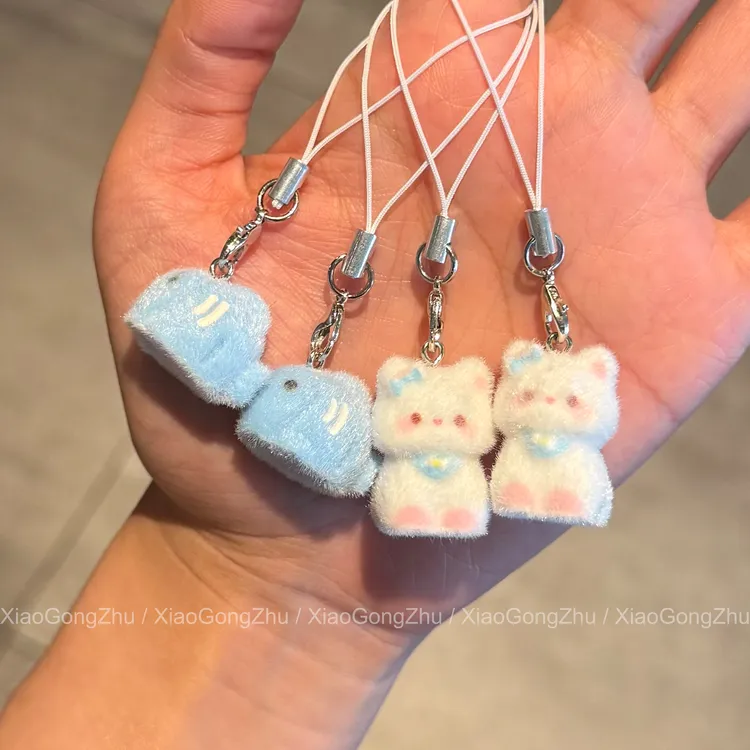 卡通可爱植绒立体树脂糖果猫咪小鱼 钥匙链包包挂件手机挂绳新款