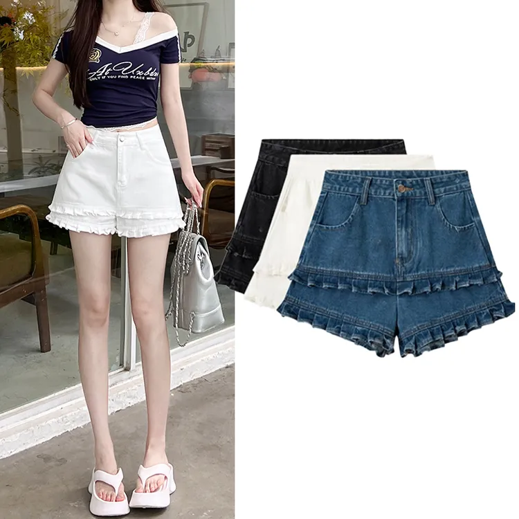 白色压轴花边小众设计感木耳边牛仔短裤女秋季2025新款百搭热裤