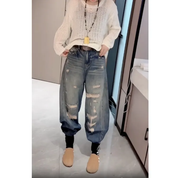 2025早秋新款高腰显瘦大码阔腿破洞牛仔裤