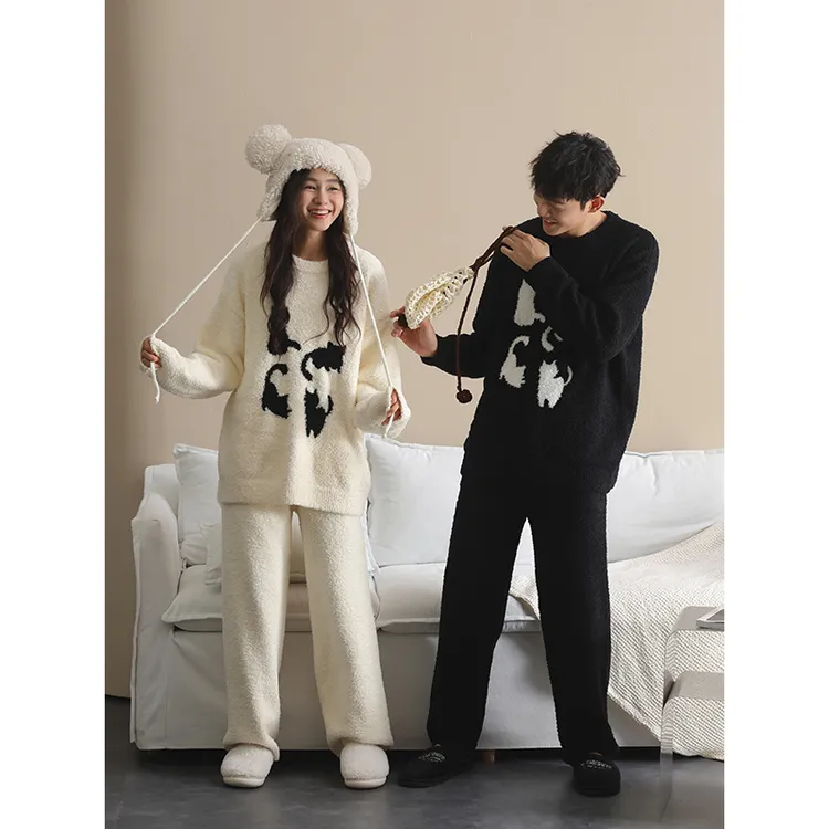 【半边绒】情侣睡衣男女秋冬季珊瑚绒加厚保暖卡通猫咪家居服套装