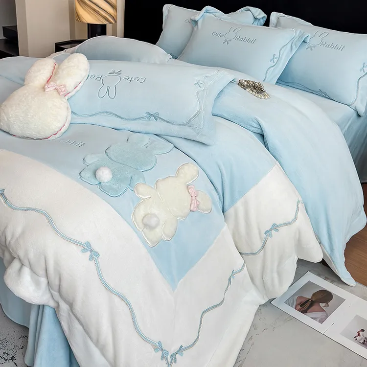 冬季A类加厚牛奶绒四件套卡通公主风加绒被套可爱双面绒被罩床品