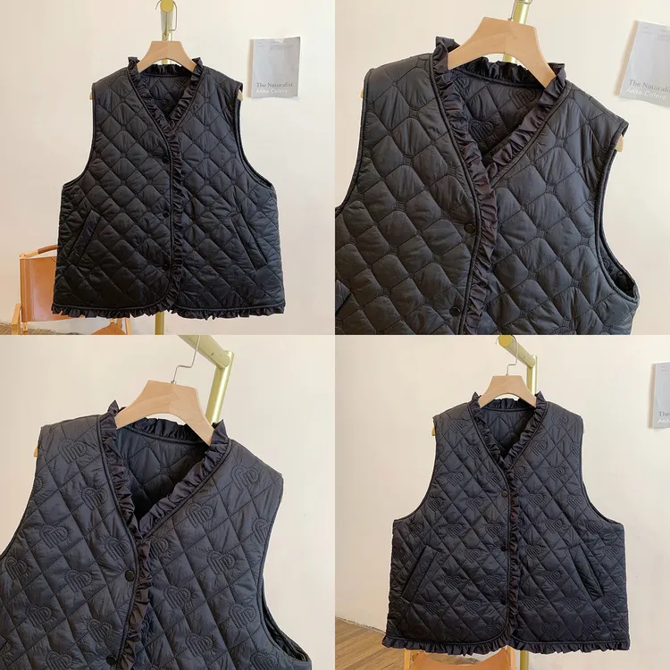 菱格爱心Y4042菱格夹棉木耳边两面穿V领马甲