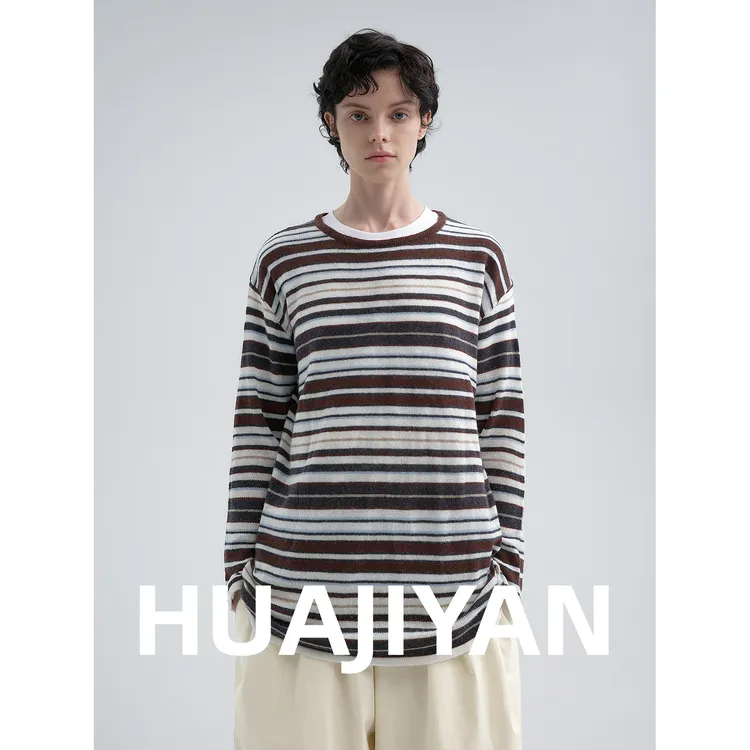 华吉言/HUAJIYAN【甜茶】羊毛混纺彩条纹喇叭袖休闲圆领上衣
