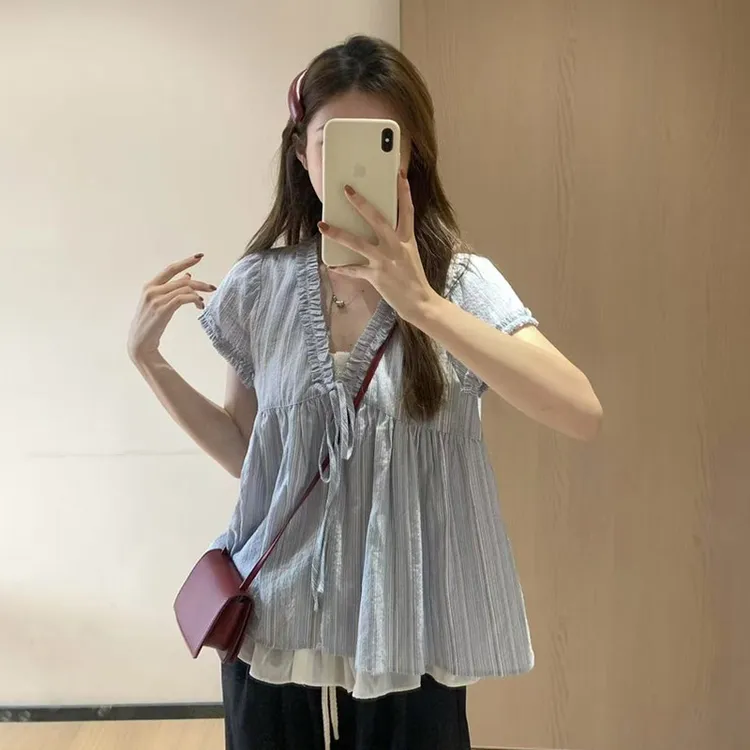 2025夏季新款微胖mm蓝色条纹假两件短袖小衫宽松遮肉显瘦上衣8270