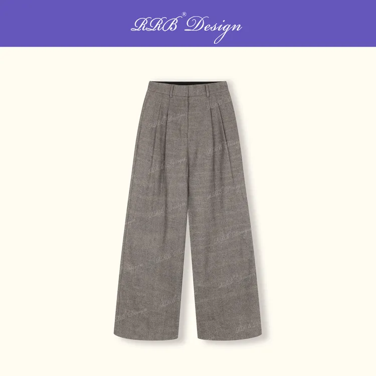 RRB Design「高阶女绅」定制羊毛人字纹通勤休闲西裤宽松直筒长裤