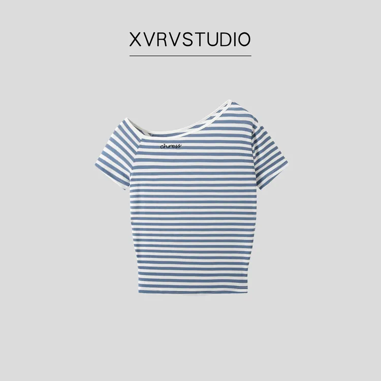 XVRV夏上新慵懒风条纹拼色T恤斜领一字露肩短袖小仙女刺绣上衣
