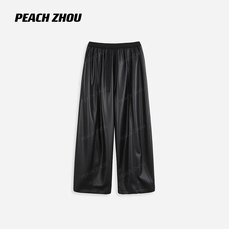 『PEACHZHOU』蛋白皮针织腰抓绒中线宽松直筒休闲裤松紧腰阔腿皮裤
