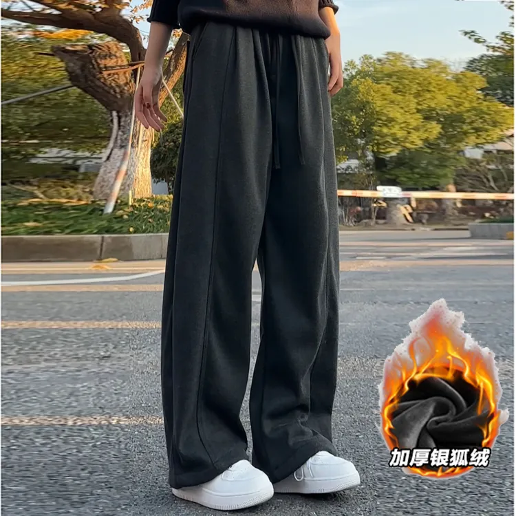 人字纹卫裤大码阔腿裤长裤休闲裤直筒银狐绒男裤腰头撞色