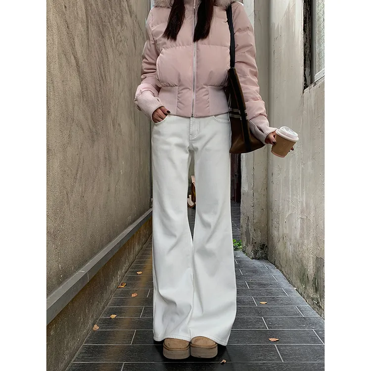 【珍珠白】冬季ins韩系气质时尚简约百搭白色显瘦微喇牛仔裤7110