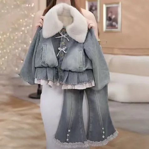 女童冬季套装2025新款小女孩加厚保暖冬装洋气休闲百塔牛仔两件套