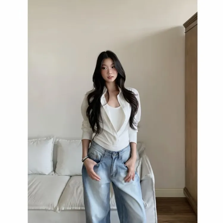 withmin凉皮 清潭漫步 白色假两件长袖条纹收腰衬衫上衣女2523921