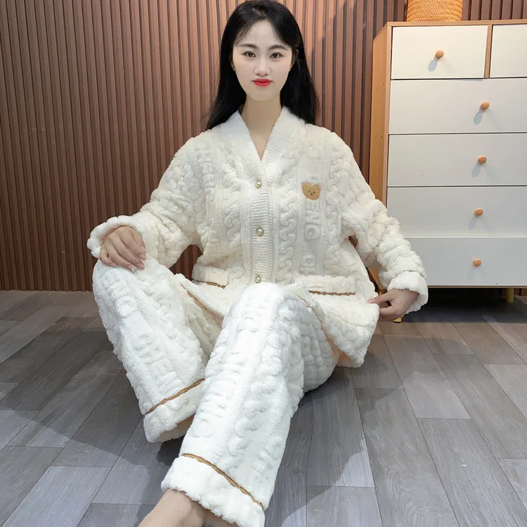 女士长袖保暖睡衣秋冬季小香风珊瑚绒开衫加绒加厚家居服套装Y147