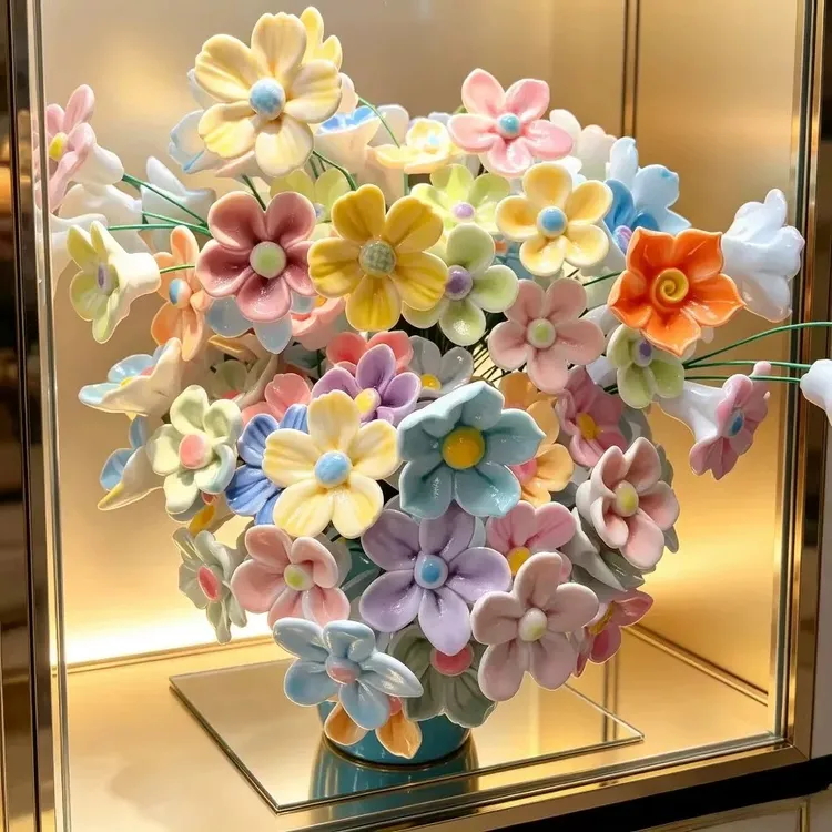 景德镇高温手工陶瓷花朵仿真花花瓶永生花花束装饰摆件送女友礼物