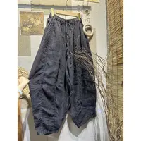 色织条纹纯亚麻宽松系带包边12片南瓜裤