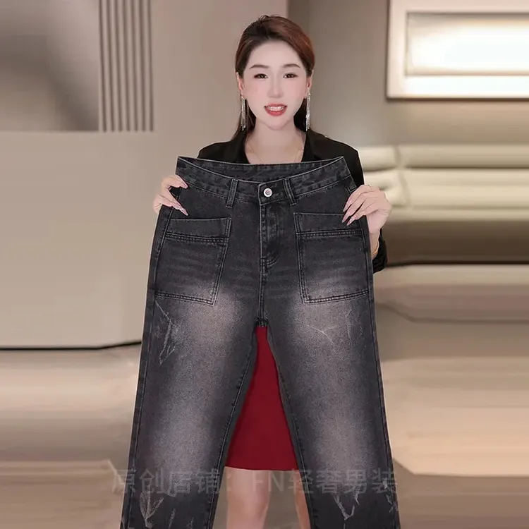 秋冬新款牛仔裤男款美式复古水洗做旧男士裤子裤扎染微喇黑色百搭