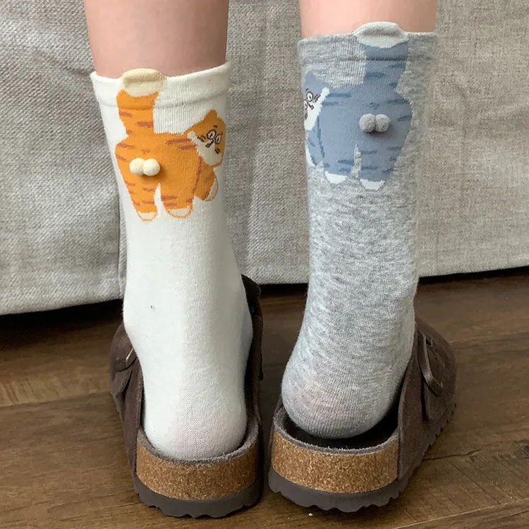 卡通猫蛋蛋袜子女中筒袜ins潮春秋季棉袜可爱饰品动物小猫咪长袜