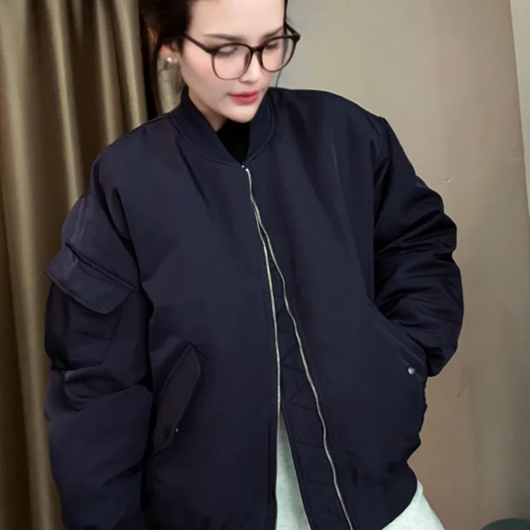 0012#男女同款螺纹下摆显瘦美式休闲风免烫夹克短款情侣上衣羽绒