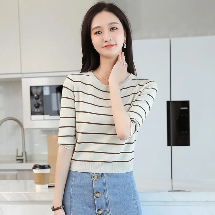 洋气条纹冰丝针织衫女半袖短款体恤2024年春夏装修身百搭薄款上衣