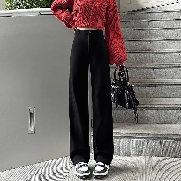 西装阔腿裤女秋冬加绒加厚款高腰显瘦窄版直筒裤垂顺宽松拖地长裤