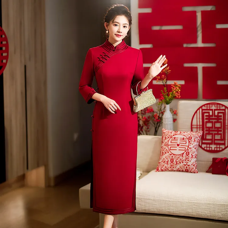 2025羊毛呢长款加厚喜婆婆喜妈妈婚宴新中式国风春秋冬季旗袍礼服
