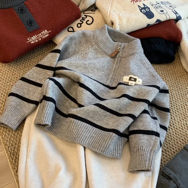 男童条纹韩版毛衣加厚2025秋冬季儿童针织衫拉链洋气毛衣打底衫