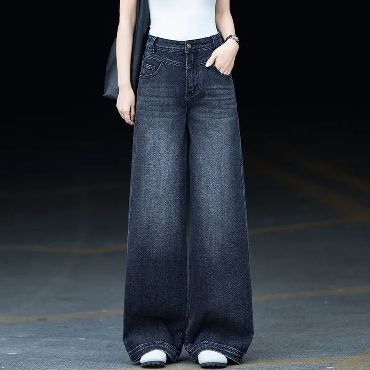 复古黑灰色直筒牛仔裤女2025秋冬新款高腰宽松休闲显瘦百搭阔腿裤