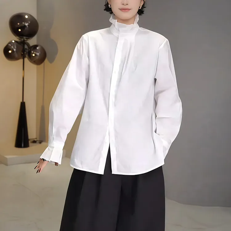 极简风白色立领灯笼袖衬衫女2025新款爆款早秋季气质百搭开衫上衣