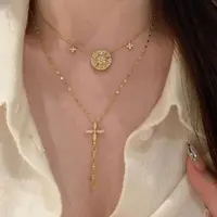 钛钢项链 美到犯规!中古金色爆闪十字架流苏项链叠戴锁骨链b