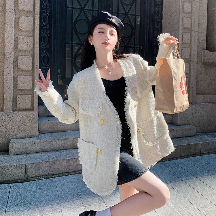 名媛春秋西装秋季常规袖纽扣拼接单排扣设计感宽松型小香风春秋