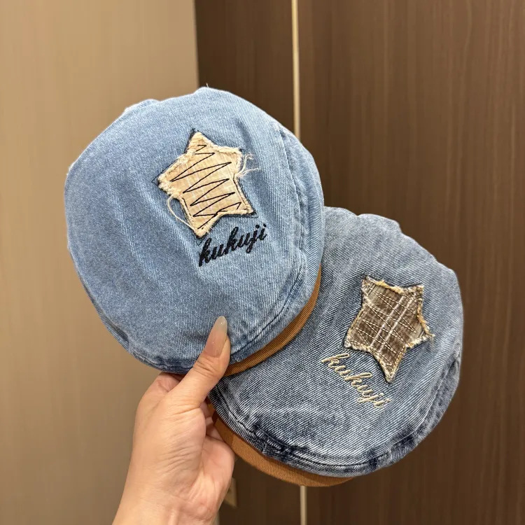 宝宝帽子男女童破洞牛仔贝雷帽春秋薄款五角星刺绣正反两戴前进帽
