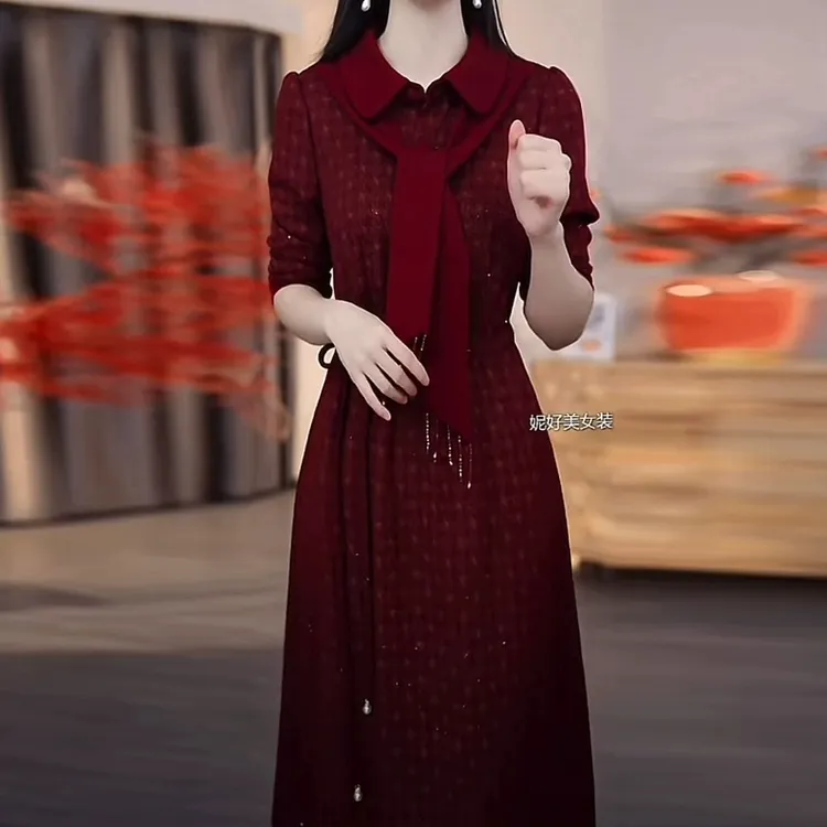 高级软精纺中长连衣裙女2025秋季新款贵夫人减龄气质收腰显瘦裙子