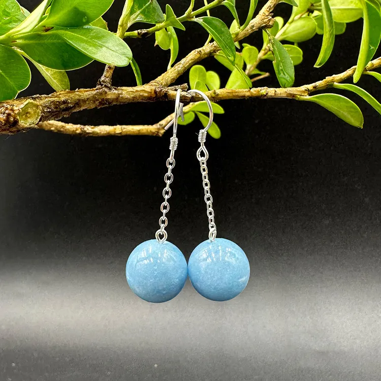 合金珐琅耳饰 14mm海蓝长链耳环A210浅蓝色925纯银耳坠耳饰手工
