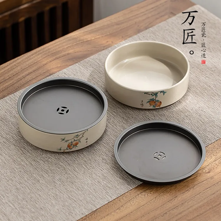 万匠草木灰家用建水陶瓷壶承日式干泡储水小茶台茶盘圆形小型托盘
