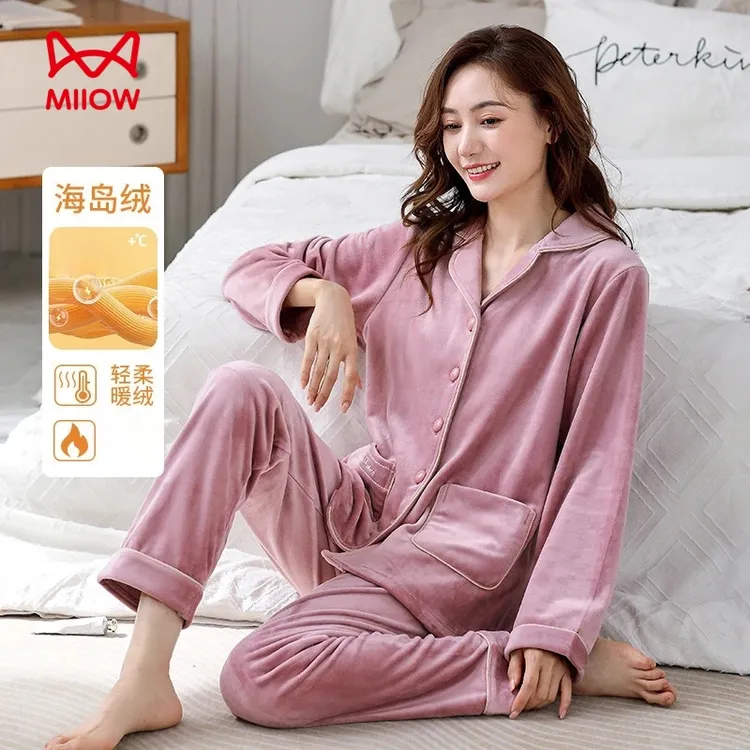 猫人冬季加绒睡衣女款2025新款海岛绒秋冬款加厚妈妈家居服套装