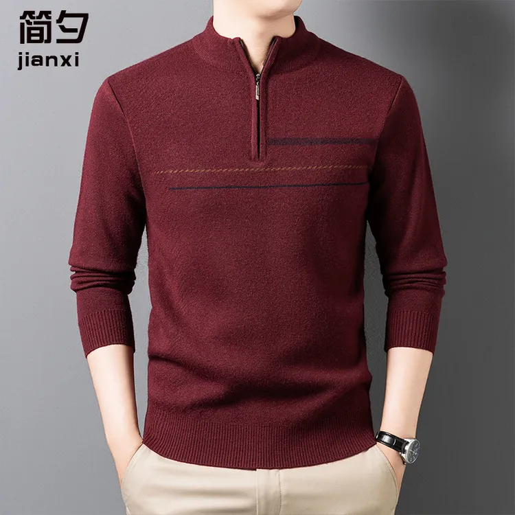 中老年爸爸冬装拉链款针织衫中年男士本命年红色加厚毛衣爷爷上衣
