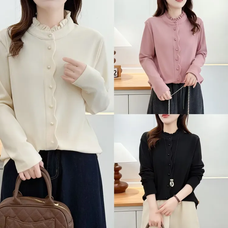 波浪领T恤时尚百搭高领宽松型常规拼接气质娃娃领木耳边常规款