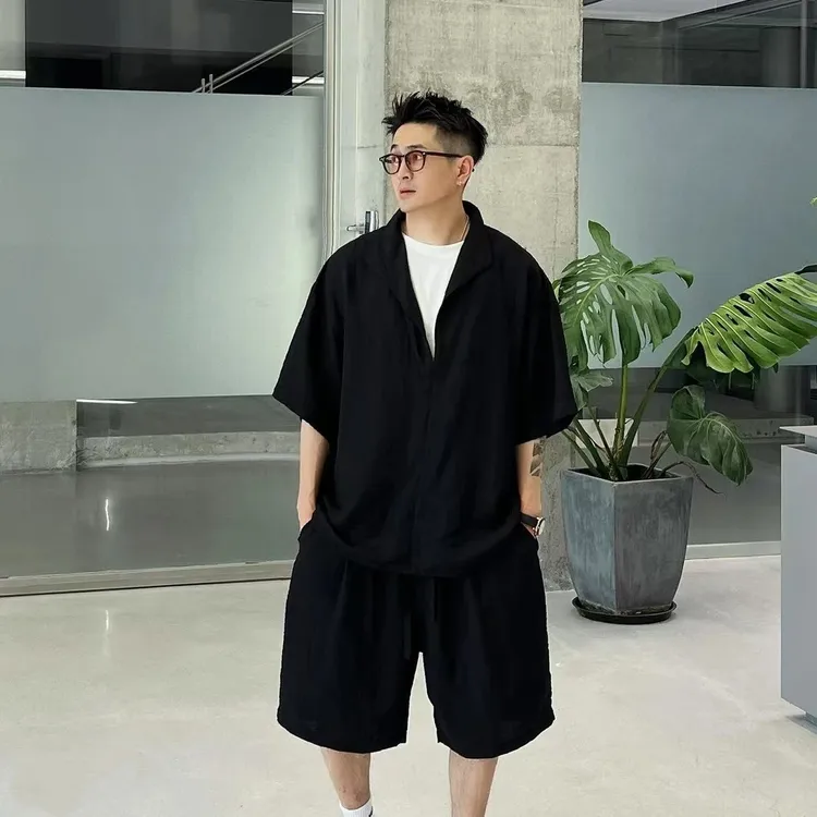 夏季薄款假两件天丝亚麻衬衫短裤套装男士老钱风廓形休闲运动套装