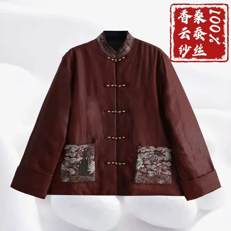 【龟纹填充100%桑蚕丝棉上衣】桑蚕丝香云纱棉服立领外套dz158