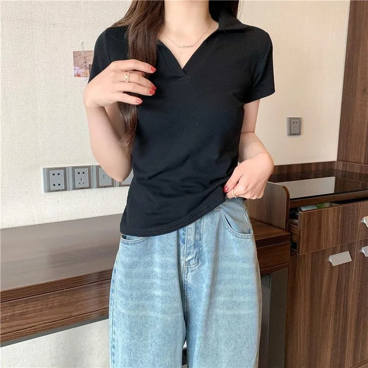 黑色正肩POLO领短袖T恤女新款夏季韩版显瘦设计感修身小众上衣ins