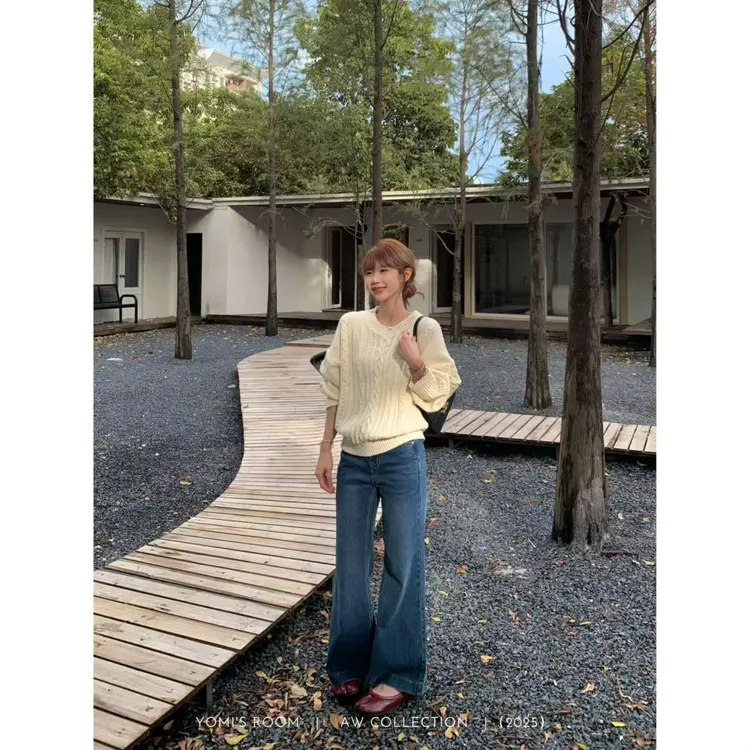 YOMI小个子【满分显瘦】复古洗水微喇牛仔裤微弹秋季阔腿休闲裤百搭