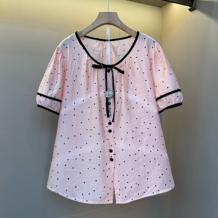 2025欧货韩系复古波点圆领系带甜美减龄胖mm宽松百搭经典衬衫821