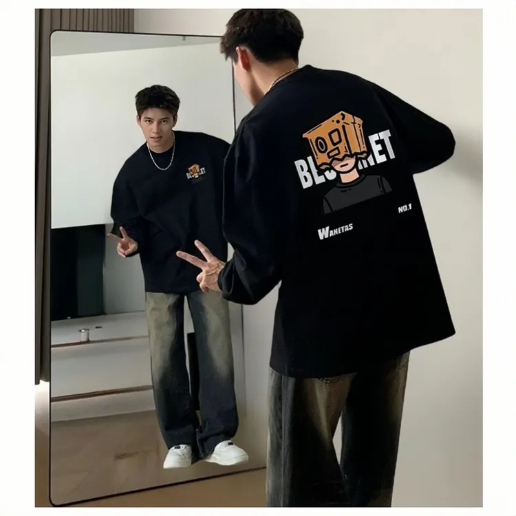 秋季潮牌潮流重磅宽松套头百搭上衣长袖t恤男款美式港风打底衫