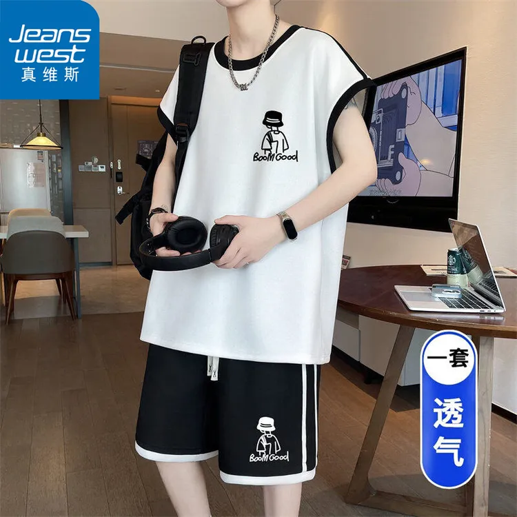 Jeanswest/真维斯男士套装青少年港风两件套男装宽松凉感一整套男