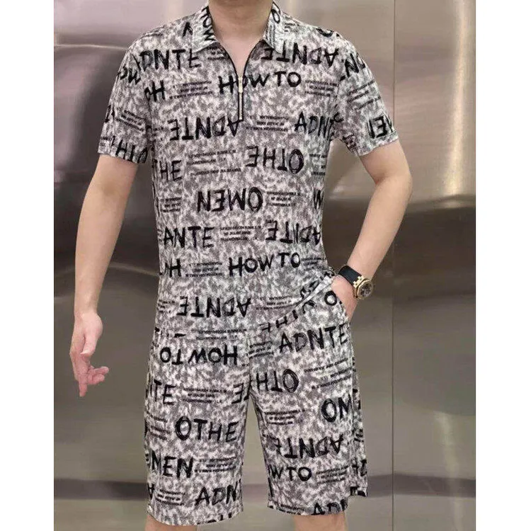 夏季新款男士潮流时尚帅气花色薄款休闲百搭翻领短袖短裤套装