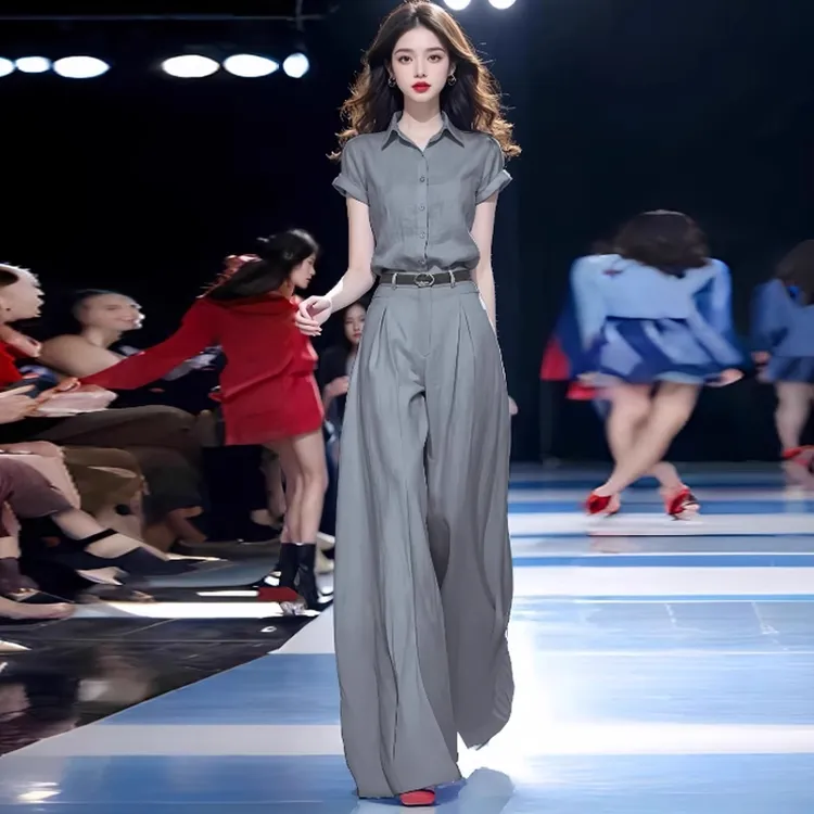 拉夏贝尔时尚气质套装2025夏季新款时髦短袖衬衫高腰阔腿裤两件套