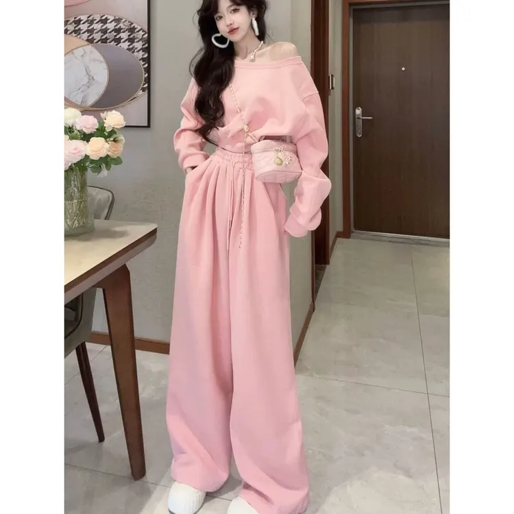 韩国东大门美式短款露肩卫衣阔腿裤套装女休闲运动直筒裤两件套女