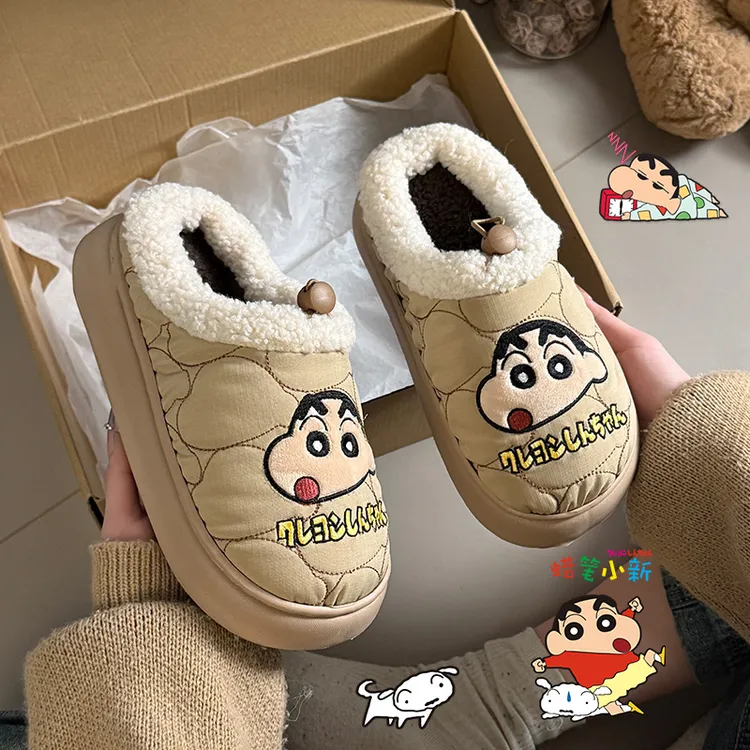 卡通正版蜡笔小新棉拖鞋女款冬季加绒保暖外穿防水防滑毛毛绒拖鞋