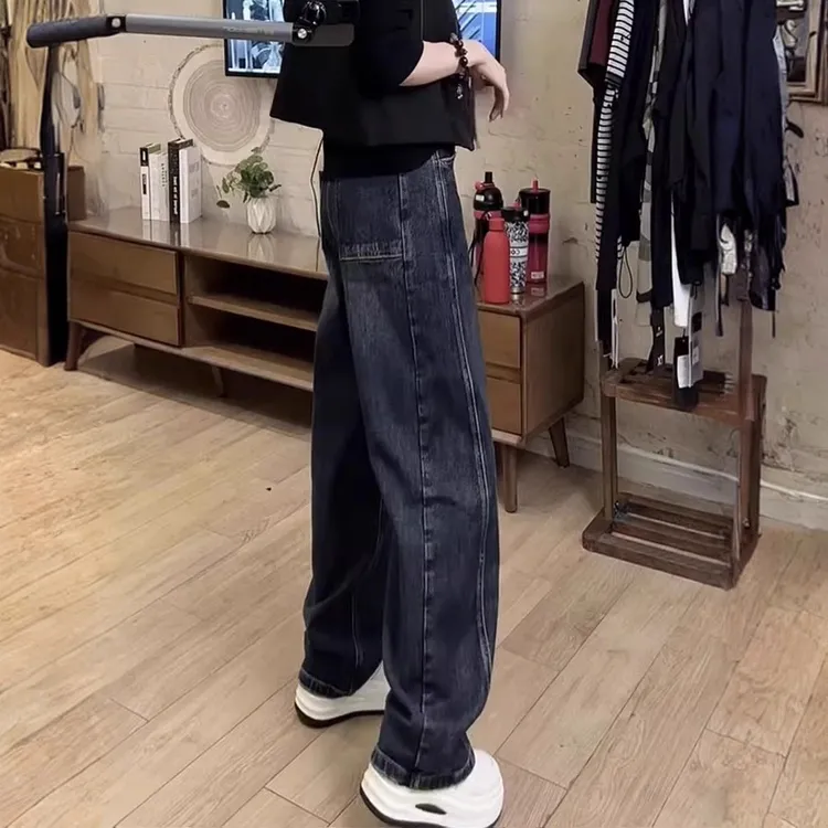 窄版直筒牛仔裤女2025秋冬新款大码胖妹妹宽松显瘦高腰加绒阔腿裤