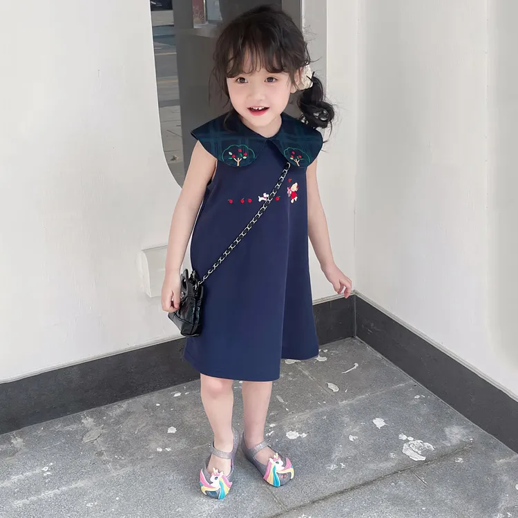 壹妈韩范女童连衣裙2025新款长袖背心裙女宝格子翻领背心裙学院风